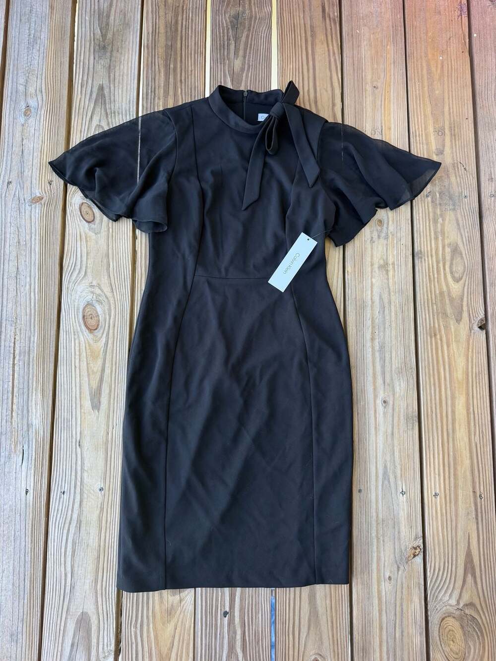 Calvin Klein Sheer Flutter-Sleeve Tie-Neck Sheath Dress Size 8